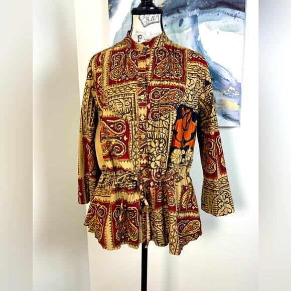New Directions Cotton Multicolor Patterned/ beading Tie at Waist Button Down Top - Picture 1 of 11